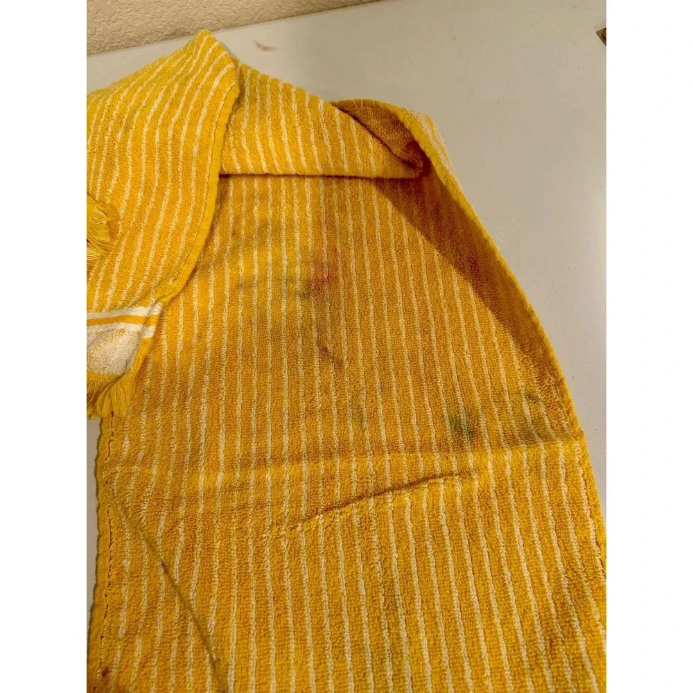 VTG Fieldcrest Fringe Hand Towel Yellow White Striped Cotton Blend Retro MCM USA